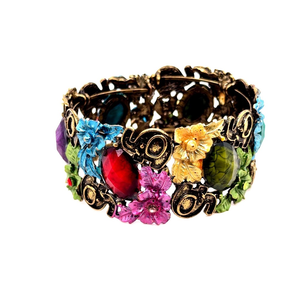 Vintage Style Floral Elephant Cuff Bracelet Antiqued Gold Tone Enamel